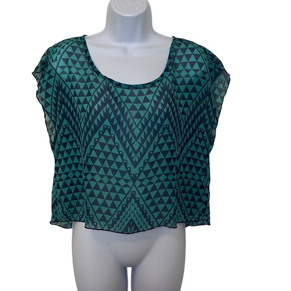 Self Esteem EUC Green Blue Abstract Print Lace Inset Sheer Blouse Sz M